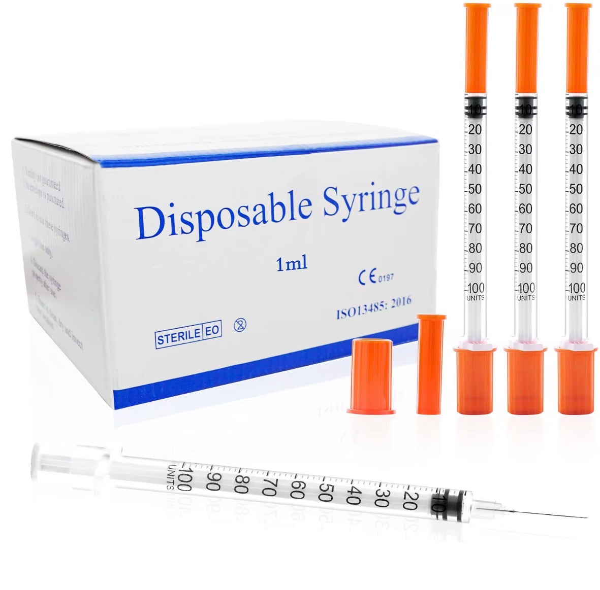 Box of 1ml disposable insulin syringes with individual syringes displayed