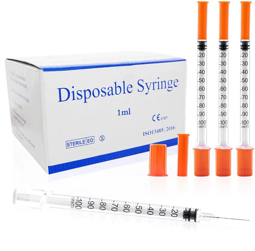 Box of 1ml disposable insulin syringes with individual syringes displayed